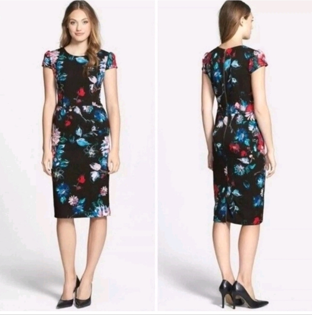 BETSEY JOHNSON Mod Women's Floral Stretch Midi Sheath Dress Size 6 Black Red - Picture 2 of 8